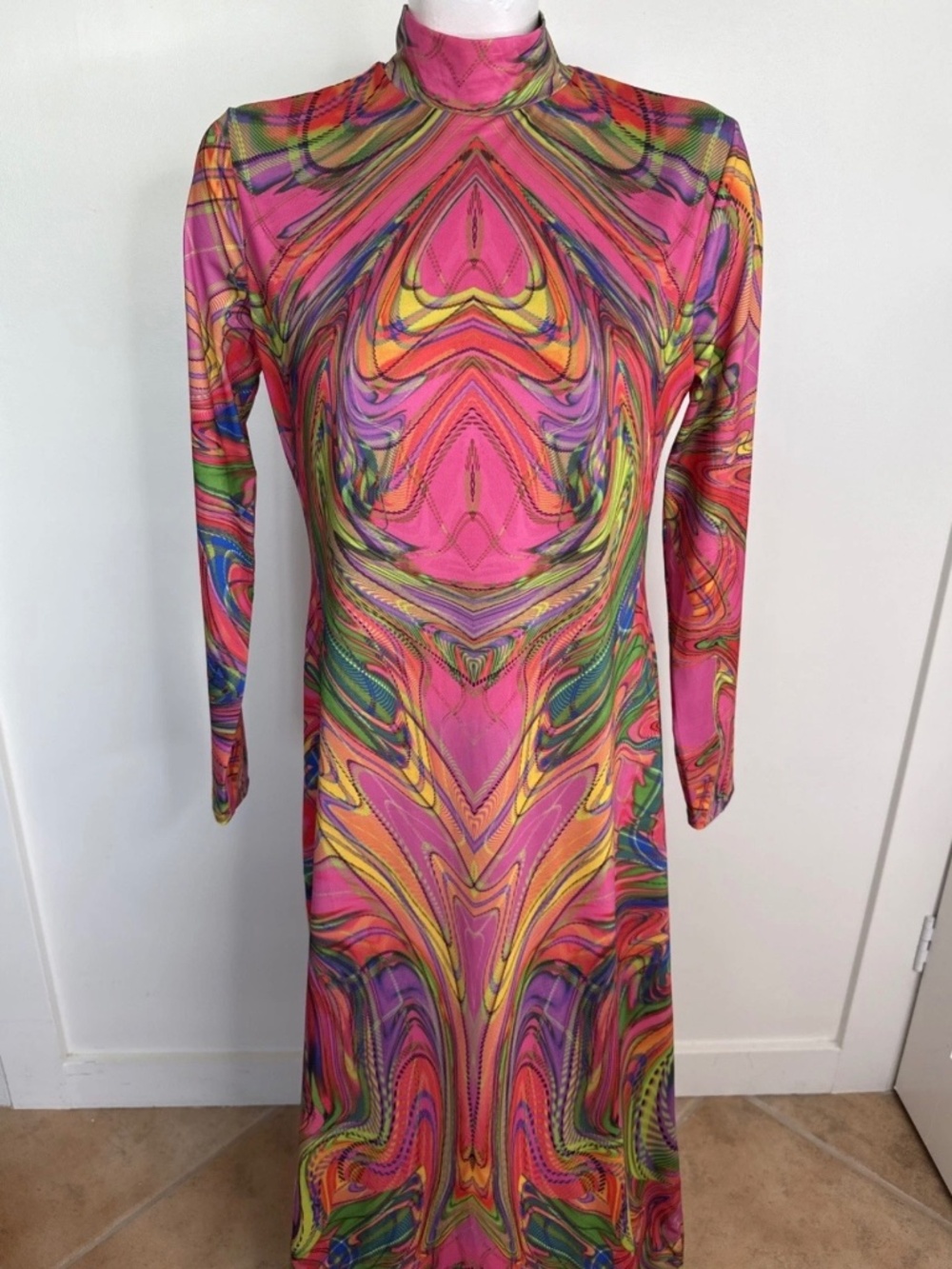 Desigual Maria Escote XL Groovy Pink Maxi Dress High Neck Long Sleeve Lined